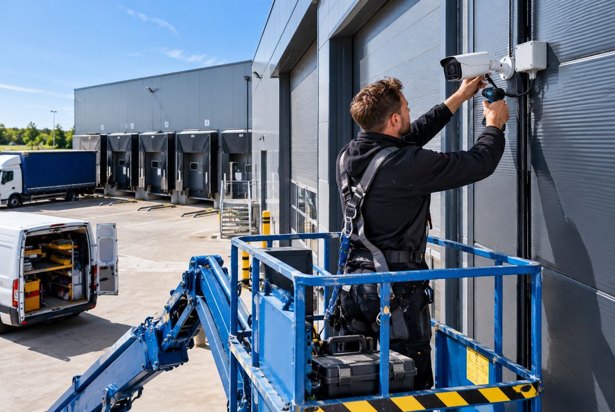 Beveiligingsinstallateur monteert een beveiligingscamera aan de buitengevel van een bedrijfspand bij een laad- en losplaats