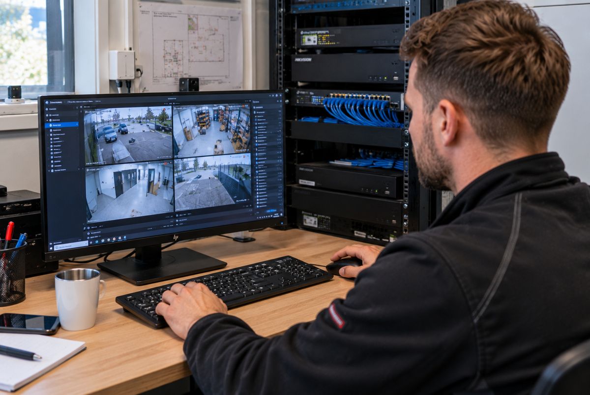 Beveiligingsinstallateur controleert en configureert een camerabeveiligingssysteem met livebeelden van meerdere beveiligingscamera's op een computerscherm