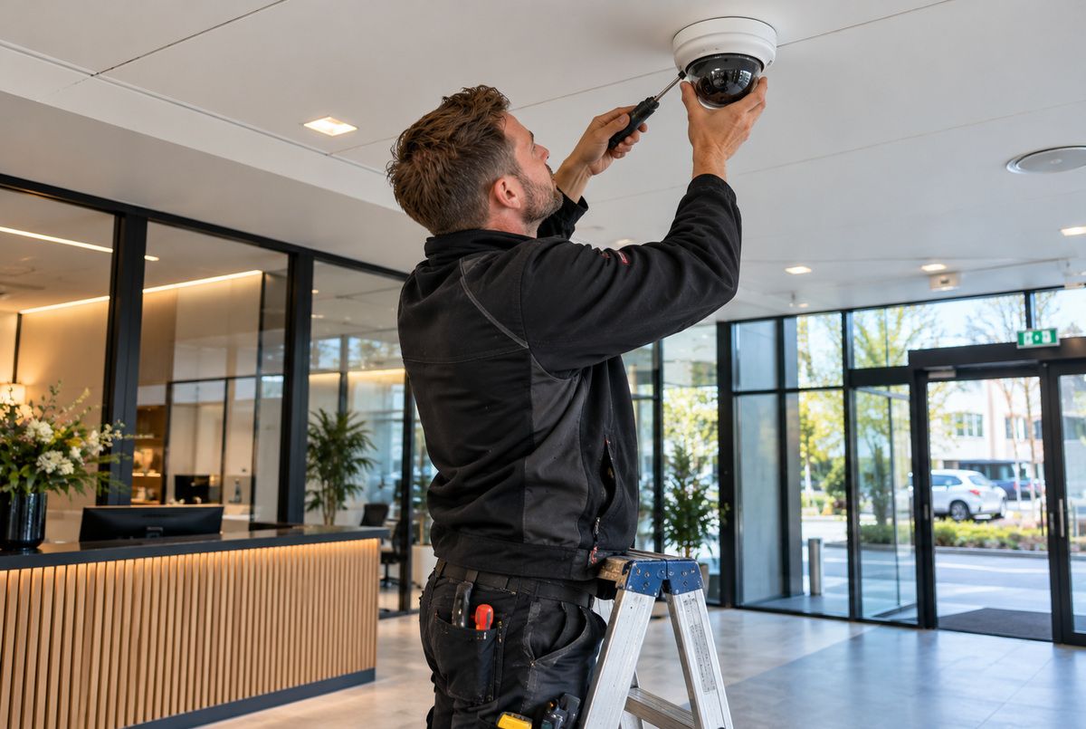 Beveiligingsinstallateur monteert een domecamera aan het plafond bij de entree van een bedrijfspand