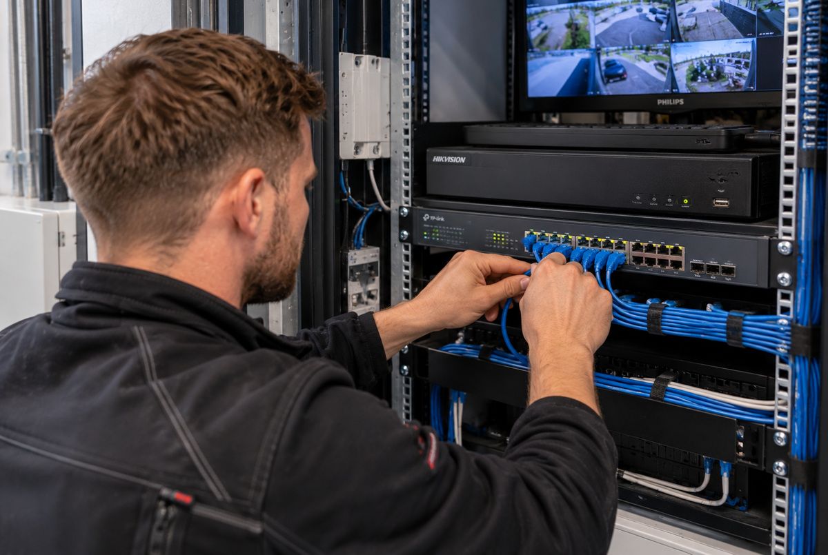 Camerabeveiligingssysteem aansluiten en configureren door een beveiligingsinstallateur Beveiligingsinstallateur sluit netwerkkabels aan op een netwerkswitch voor een camerabeveiligingssysteem in een technische ruimte