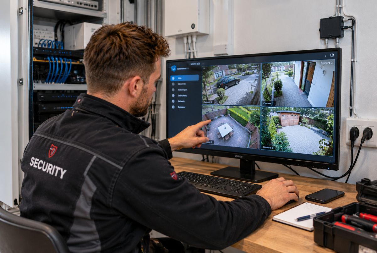 Beveiligingsinstallateur controleert camerabeelden van een geïnstalleerd camerabeveiligingssysteem op een monitor